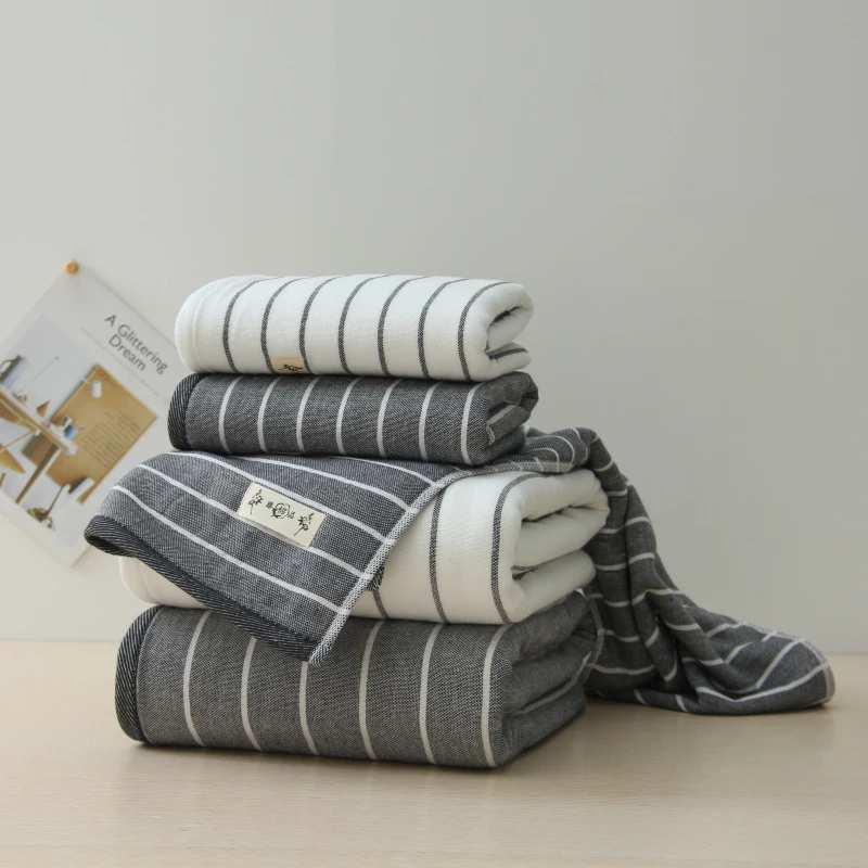 

Gray and White Striped Cotton Hair Towels for Couple Simple Fashion Soft Hair Towel Large Thick Absorbent Towel