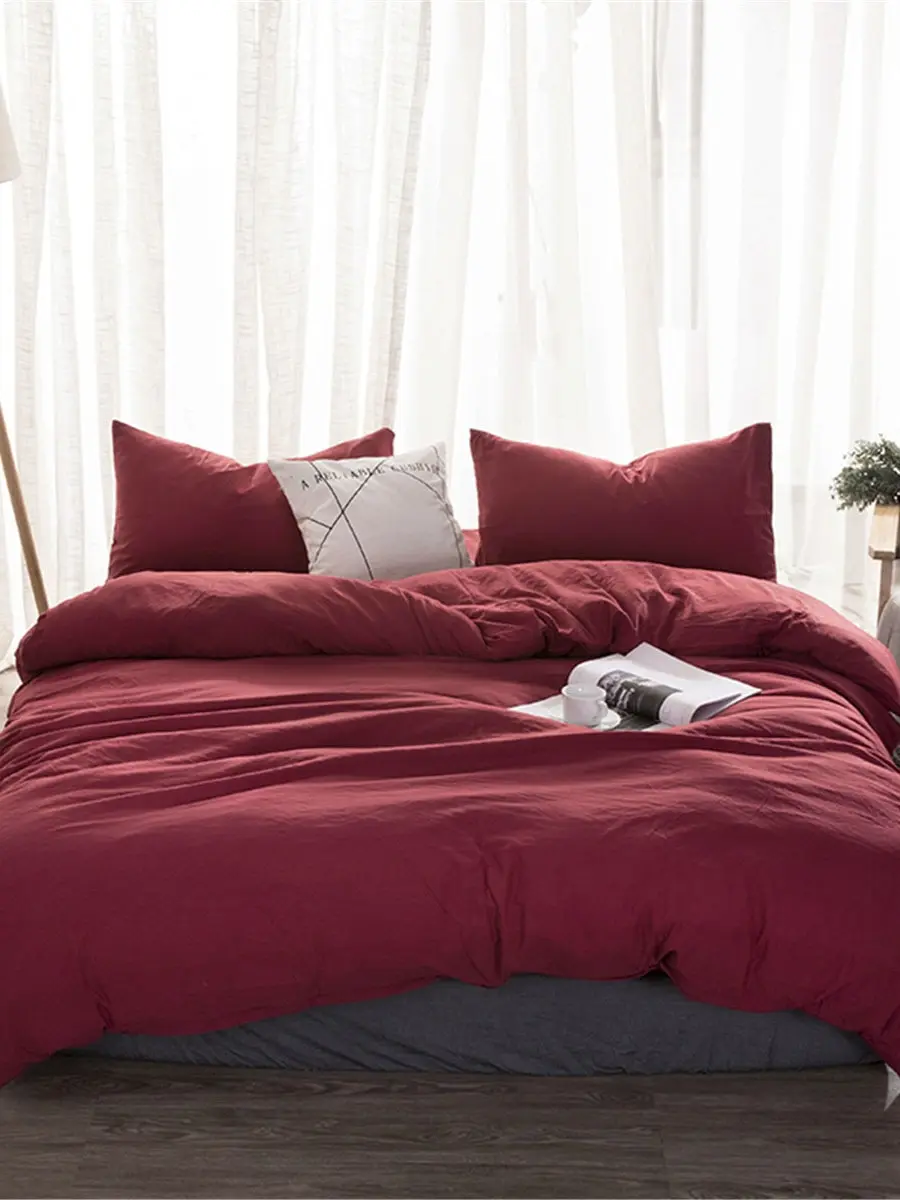 

4Pcs Bedding Set Modern Simple Solid Color Purplish Red Comfy Supple Duvet Cover Set