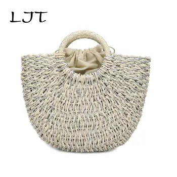 

LJT Handmade Straw Bag Female Vacation Package 2019 Summer Rattan Weaving Ladies Straw Wrapped Beach Bag Moon Shaped Travel Bag