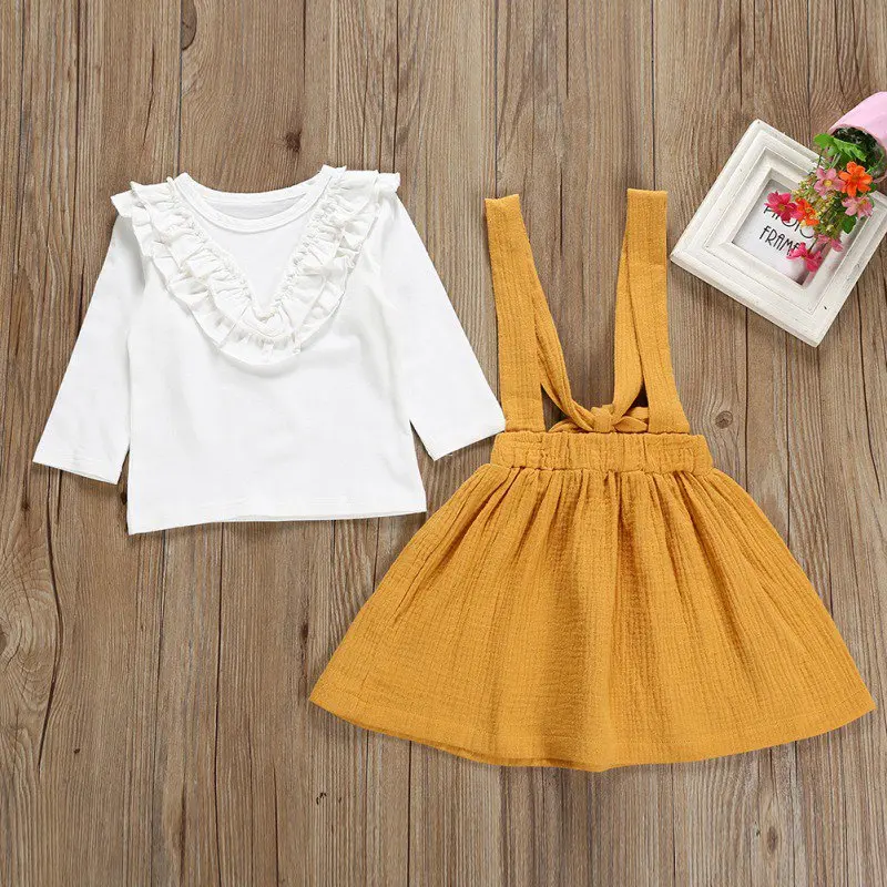 

Autumn Kids Girl Long Sleeve Solid Pattern Cotton T-shirt Blouse Mini Strap Skirts Casual Outfits Set Present For Children
