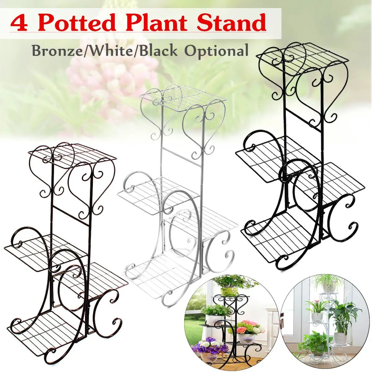 

4 Tier Metal Plant Stand Display Shelf Holder Decor Garden Balcony Flower Pot Shelf Rack for Home In/Outdoor Office Workplace
