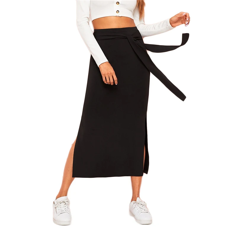 SHEIN Tie Waist Split Side Solid Skirt Black Full Length Knot Spring Autumn Shift High Waist Straight Sexy Skirt