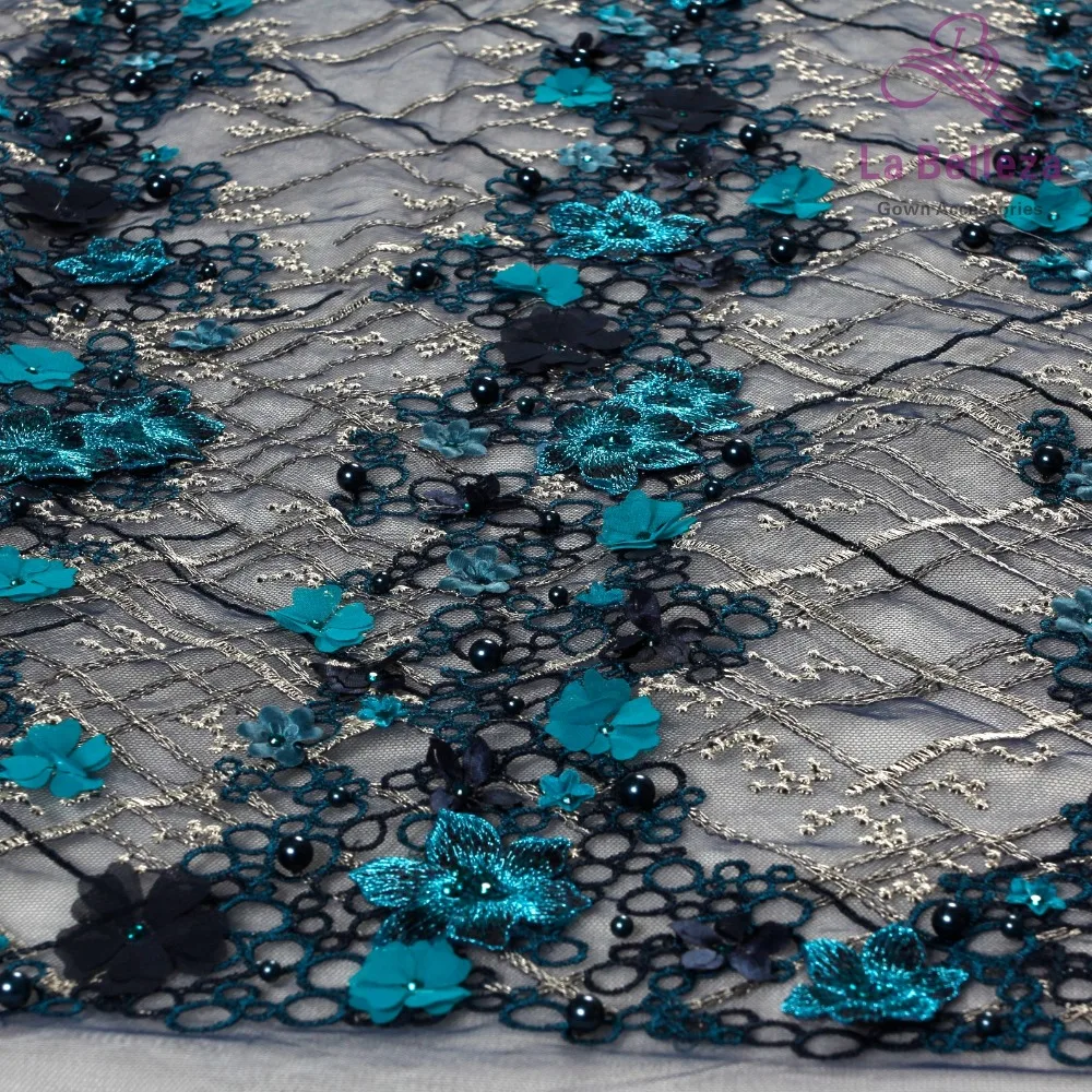 La Belleza 1 ярд темно синий смешанные цвета металлик на сетке 3D цветок свадебное/вечернее платье кружевная ткань 51 ''ширина SN171206