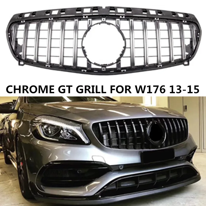 Гриль в стиле ABS GT для Mercedes A-Class W176 A180 A200 A250 A260 A300 A45 AMG 2013-2015 серебристая