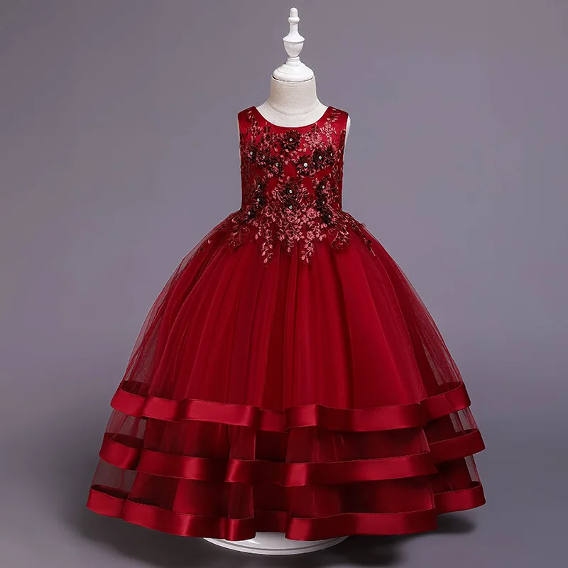 Нарядное платье для девочек; кружевное платье-пачка; Детские торжественные платья для девочек; Детский костюм; элегантное платье принцессы; свадебное платье с цветочным узором для девочек - Цвет: wine red