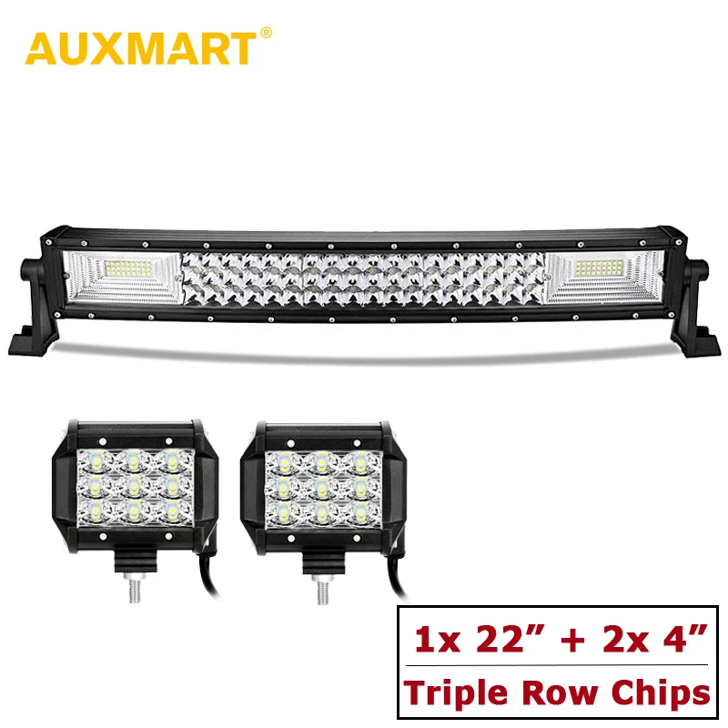 

AUXMART 22" Combo Triple Row LED Light Bar Slim Curved 324W + 2pcs Offroad 4" Spot/Flood Driving Light for Truck Pickup SUV 4X4