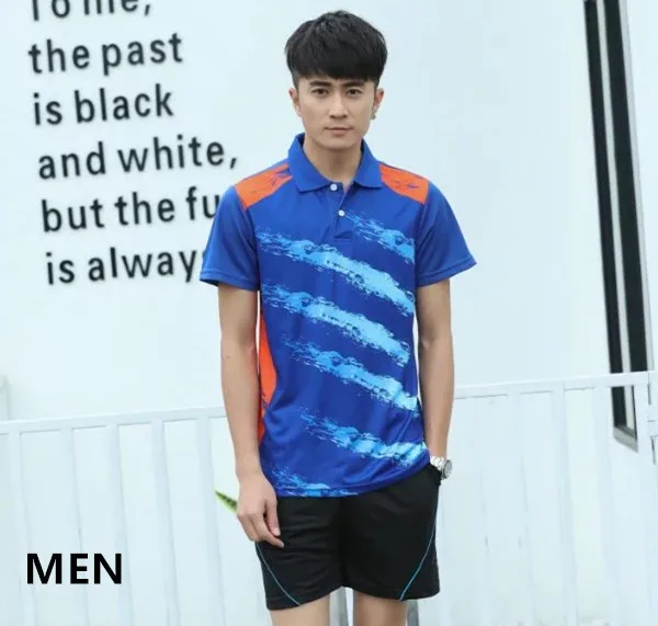 ZMSM саржевая печать Пары установлен мужчин и wo мужчин теннисные майки шорты комплект спортивные для бадминтона и настольного тенниса Джерси для взрослых Y009 - Цвет: Blue - men