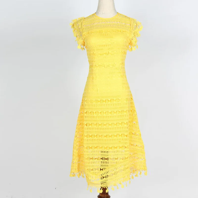 

EDGLulu lace dress new arrival 2019 elegant yellowmidi vacation party sheer runway summer clothes for women beach dress