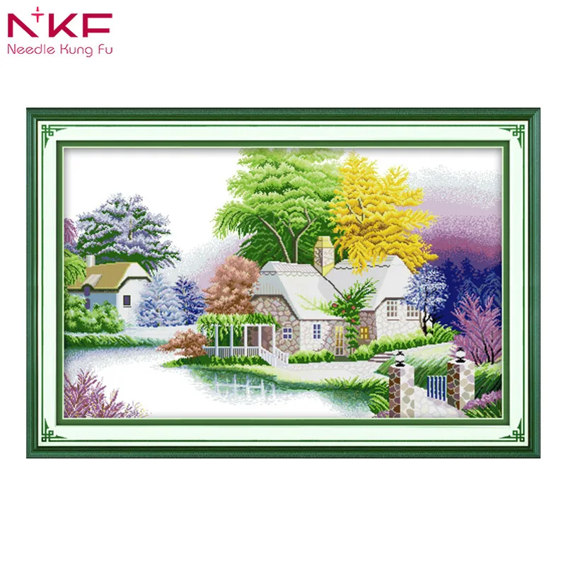 

A peaceful cabin Scenic painting pattern counted printed on canvas DMC 14CT Chinese Cross Stitch kit needlework Set embroidery