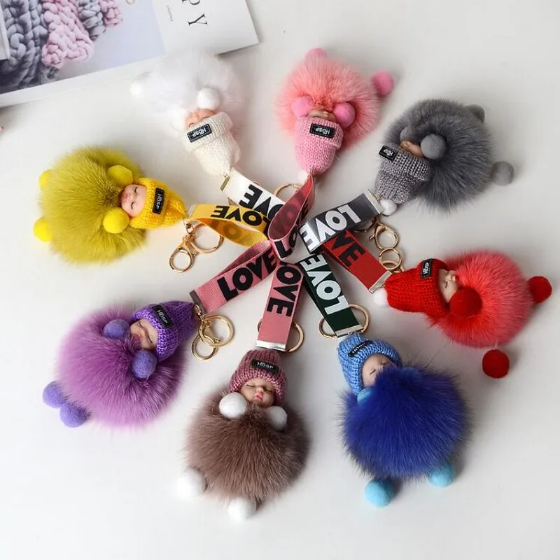 

High Quality Cute Fluffy Sleeping Baby Doll Keychain Pompon Real Fox Fur Ball Key Chain Car Keyring Women Key Bag Pendant Charm