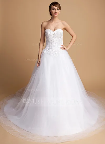Ball-Gown Sweetheart Chapel Train Satin Tulle Wedding Dress With Lace Beading | Свадьбы и торжества