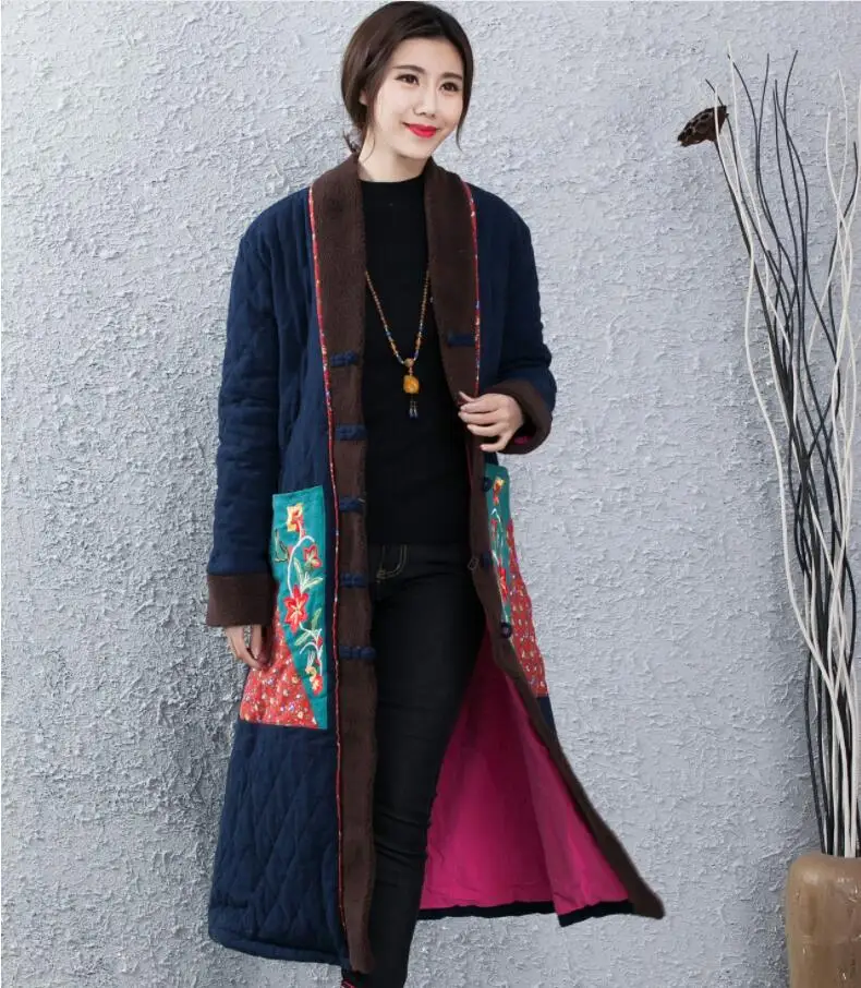 Женская верхняя одежда в стиле ретро, Длинные куртки, Китайская традиционная Тренч с хлопковой подкладкой, льняное хлопковое стеганое длинное пальто макси, Парка свободного кроя - Цвет: Синий