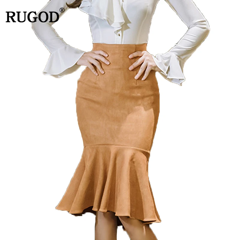 RUGOD 2018 New Khaki Faux Leather Suede Trumpet Skirt Women Winter High Waist Skirt Zipper
