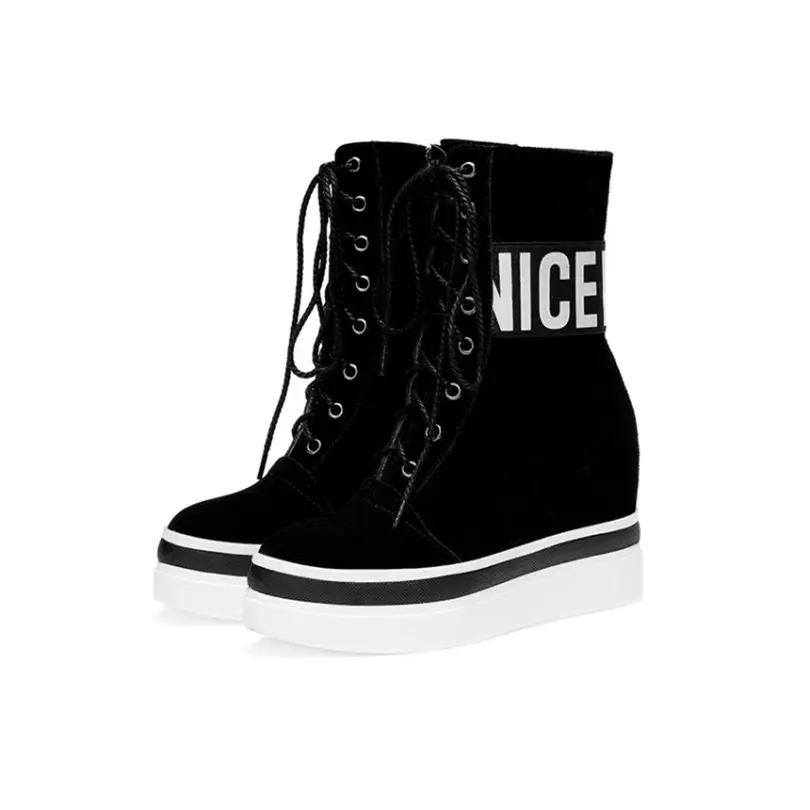 Высокие кроссовки; женская обувь из натуральной кожи на танкетке; мотоботы на платформе и высоком каблуке; высокие зимние теплые туфли-лодочки; кроссовки с круглым носком - Цвет: black2