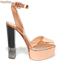 Newest Rose Gold Patent Leather Dress High Heel Sandals Chunky Heel Ankle Buckle Strap Dress Shoes High Platform Champagne Shoes women luxury open toe one strap champagne gold chunky heel sandals ankle strap buckle thick high heel sandals dress shoes
