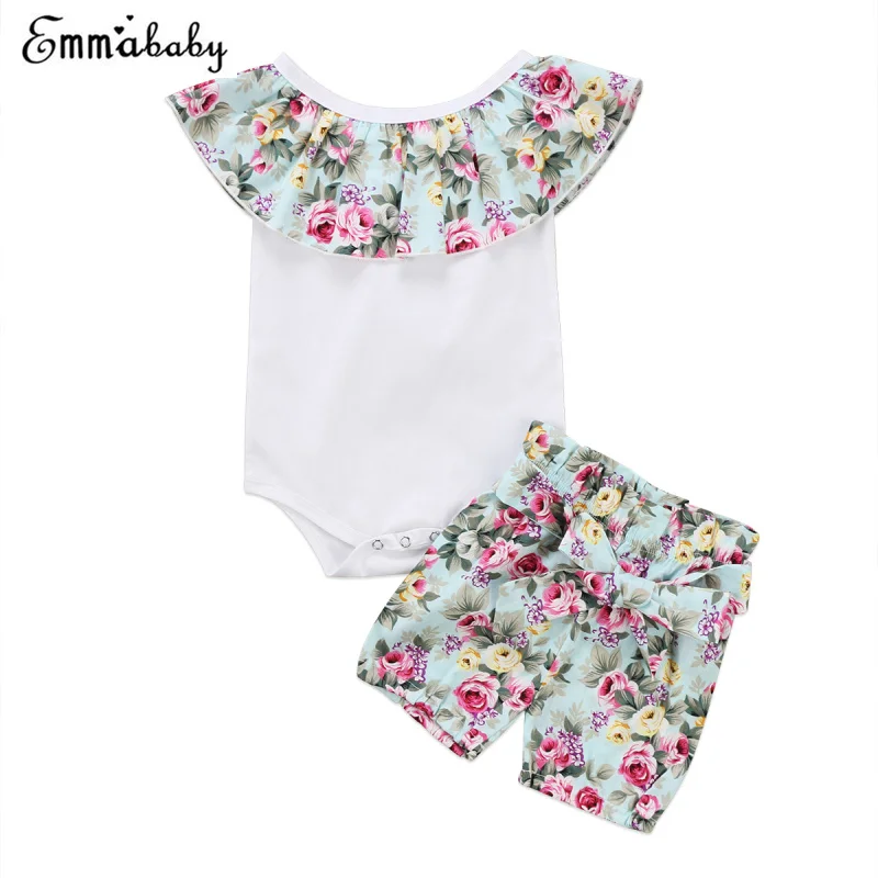 

Newborn Infant Baby Girl 2PCS Set Off Shoulder Romper White Print Patchwork Tops Floral Shorts Pants Outfits Girls Clothes