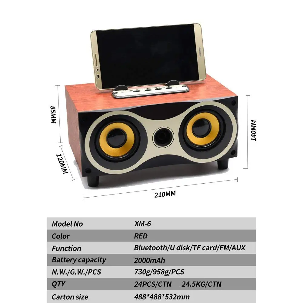 Goede Desktop Draagbare Houten Draadloze Speaker Subwoofer Stereo Bluetooth Speakers Ondersteuning TF MP3 Speler met FM Radio, Telefoon Houder