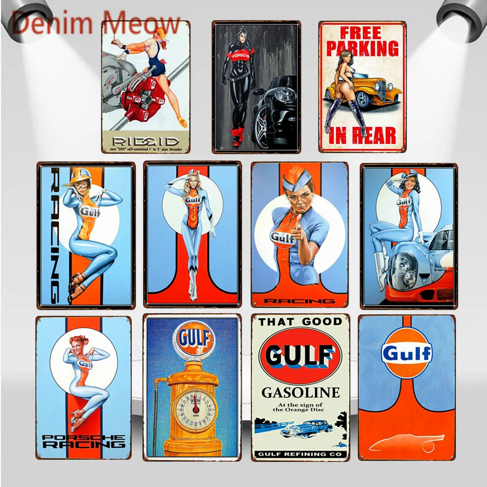 

That Good Gulf Gasoline Vintage Pin Up Girl Metal Tin Signs Airplane Motorcycle Poster Wall Plaque Motor Oil Painting Decor WY69
