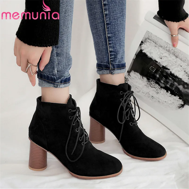 

MEMUNIA 2020 wholesale big size 48 ankle boots for women flock round toe lace up high heels shoes ladies party wedding shoes