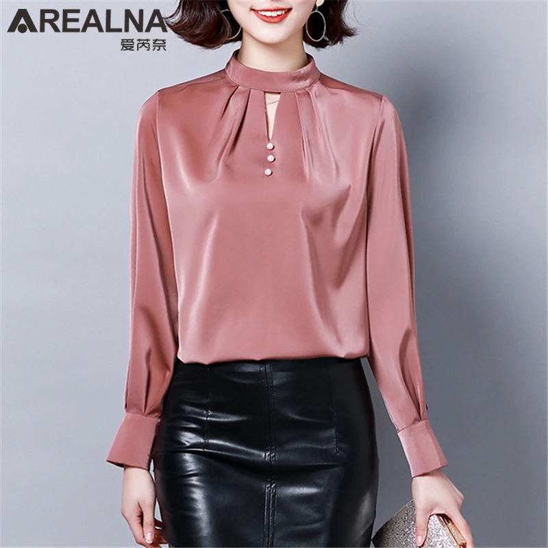 

Elegant Shiny Chiffon Blouse Women Fashion Woman Blouses 2019 Faux Slik Shirts Black Pink Chic Long Sleeve Womens Plus Size Tops