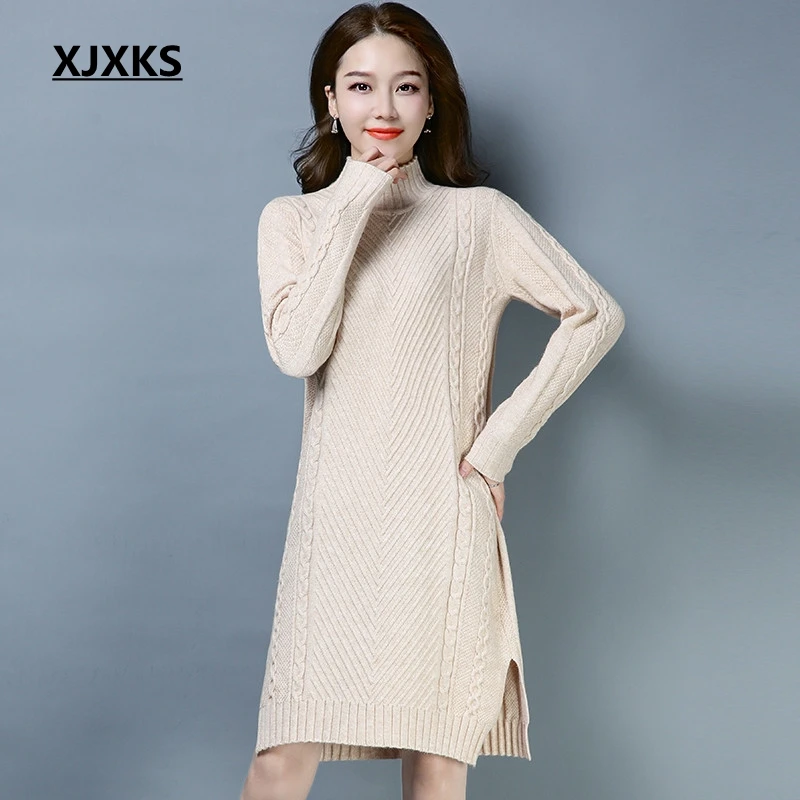 vert Nouvelle Long caramel Hiver En Automne Laine Roulé Beige Pull 2019 Arrivée noir marron Cachemire Robe Femmes Et Col Tricoté Xjxks Casual aASPxqRR