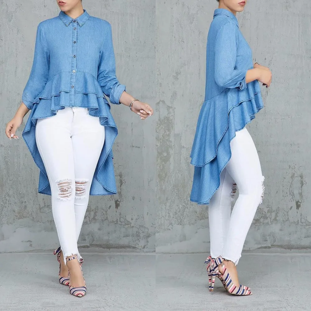 Casual Double Ruffle Hem Denim Long Blouse Asymmetric Blue Turn Down Collar Buttons Full Sleeve Jeans Shirts Plus Size Blouses