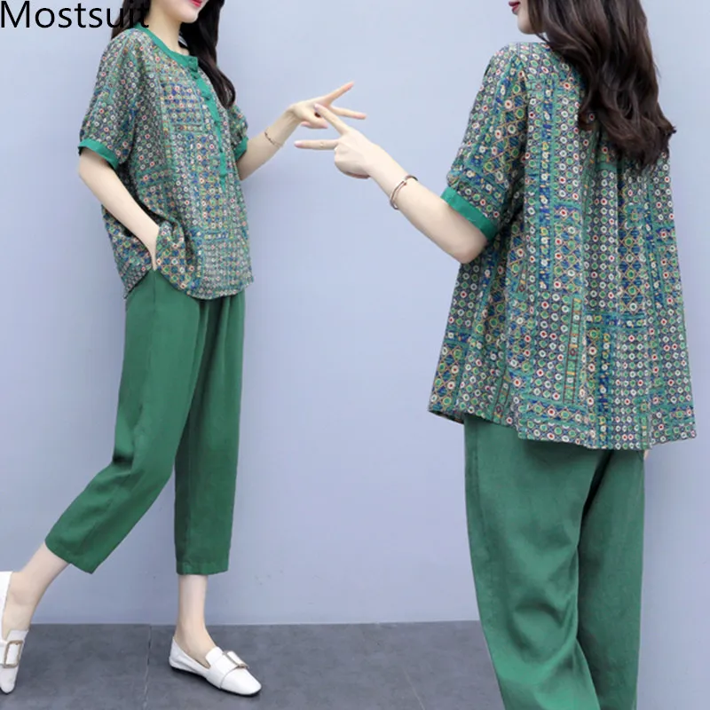 

Green Two Piece Sets Outfits Women Plus Size Short Sleeve Printed Tops And Pants Suits Vintage Elegant Casual Korean 2 Piece Set