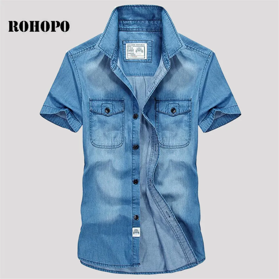 

ROHOPO Summer Cotton Denim Style Short Sleeve Washed Pockets Men Denim Shirt 2019,Vintage Casual Single Buttons Denim Outwear