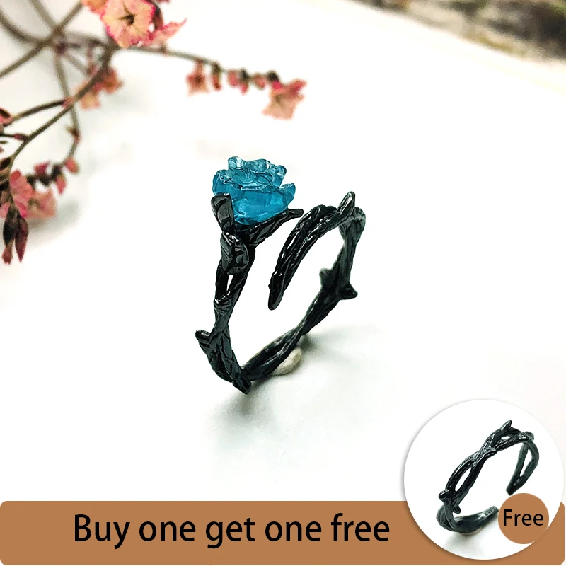 

Bolai black 925 sterling silver blue crystal ring rose and thorns design personality rings for women handmade jewelry unique