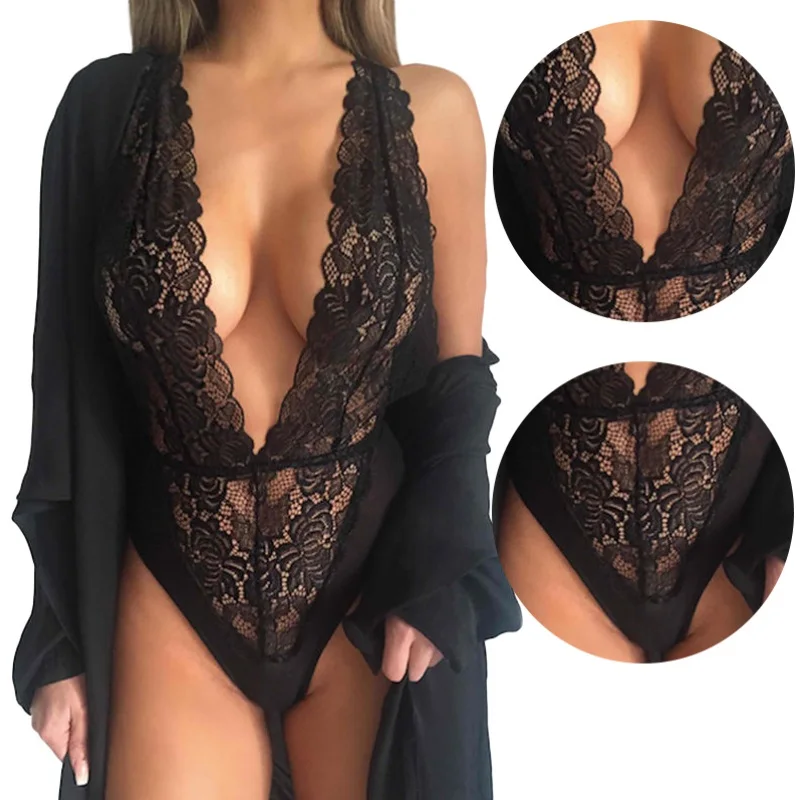 

New 1 PC Sexy intimates Women Lace lingerie Halter Transparent Gauze Backless Pajamas V-neck Lace Temptation Clothes