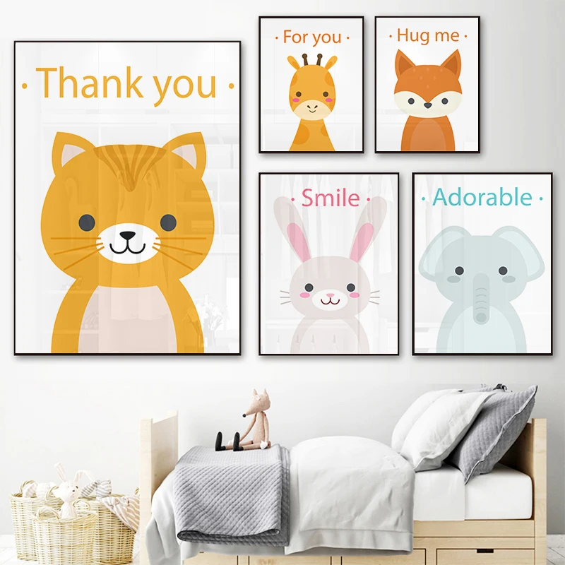 Woodland Baby Animals Rabbit Elephant Panda Canvas Prints Painting Nursery Wall Art Decor Kids Room Playroom Posters Decoration