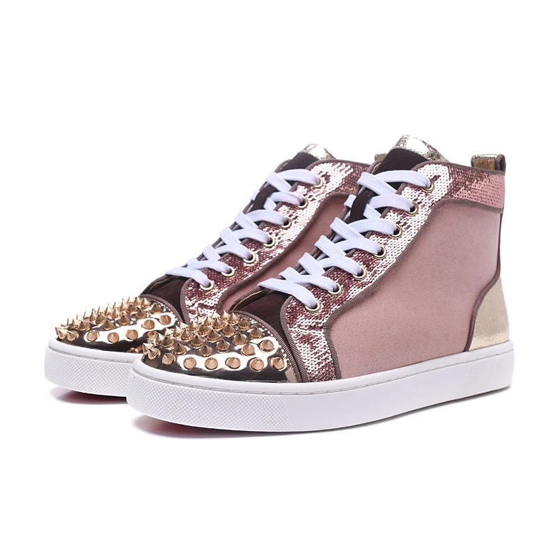

Glitter Casual High Top Women Sneakers Round Toe Leather Pink Print Flats Shoes Studded Rivets Spikes Shoes Woman Top Quality