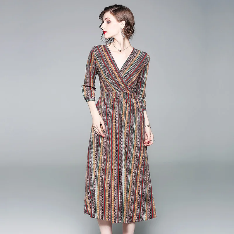 Женское длинное летнее платье в полоску с v образным вечерние вырезом Vestido Longo Roupas
