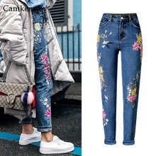 CamKemsey, винтажные женские джинсы с цветочной вышивкой, большие размеры, классические джинсы с высокой талией для женщин, повседневные Прямые джинсы
