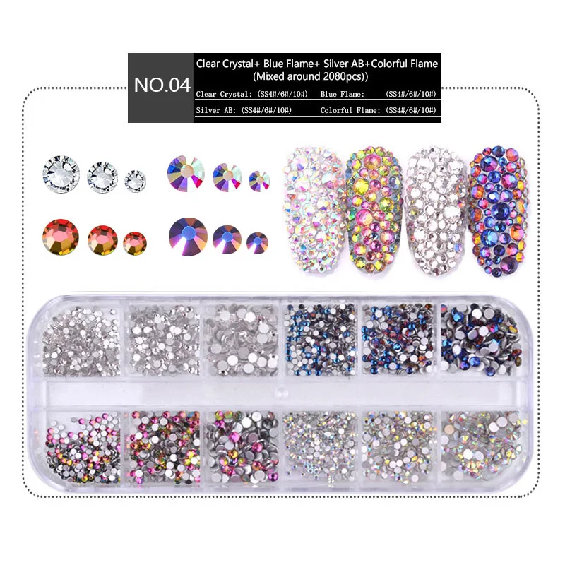  Multi Size 1Box Glass Nail Rhinestones Mixed Colors Flat-back AB Crystal Strass 3D Charm Gems DIY M