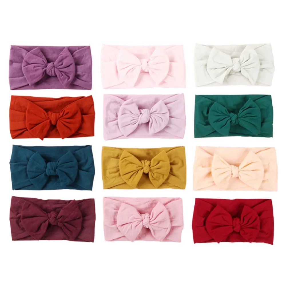 

12pcs/lot Soft Baby Bows Hair Bands Knotted Bow Baby Headband Nylon Turban Infant Hair Accessories 12 Colors JFNY069B