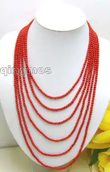 

Qingmos Natural Red Coral 6 Strands NECKLACE for Women with 3-4mm GENUINE Red Coral Necklces Jewelry 18-25" Chokers 5211