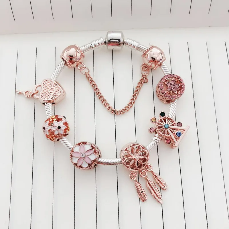 Подарок для девочки, очаровательные браслеты с изображением Микки Мауса и ювелирные женские браслеты, розовый кулон с бантом, брендовый браслет ручной работы - Окраска металла: 9