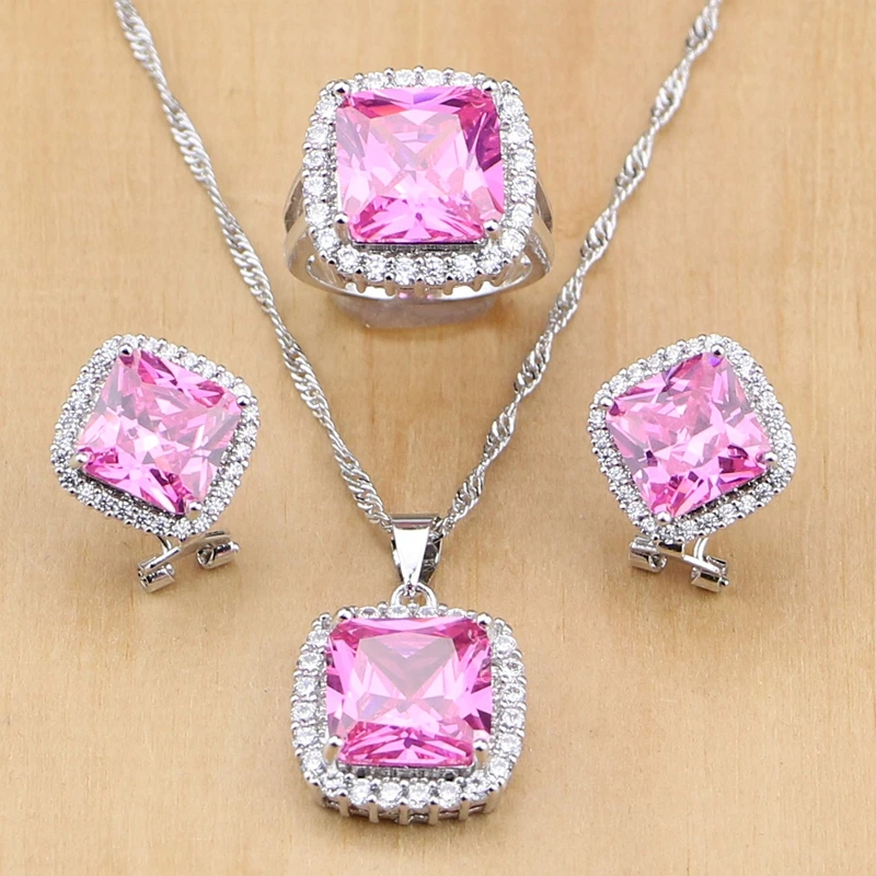 

Mystic Pink Fire Cubic Zirconia Princess 925 Sterling Silver Jewelry Sets For Women Earrings/Pendant/Necklace/Ring