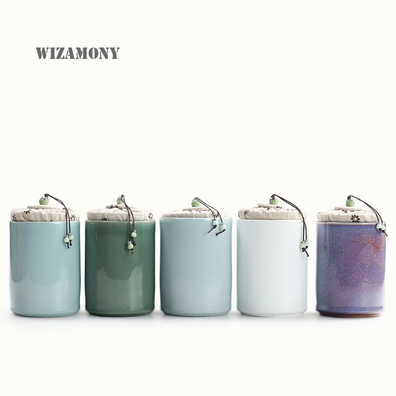 

WIZAMONY 1PCS Customized Five Famous Kilns Mini Celadon Ceramics tea set Tea Caddy Tea box Canister Porcelain Jar