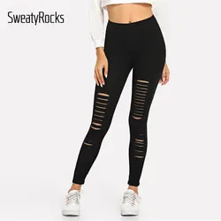 SweatyRocks вырезать фитнес тощий леггинсы Activewear Стиль Черный Леггинсы для женщин 2019 Весна Athleisure для однотонные повседневные Леггинс