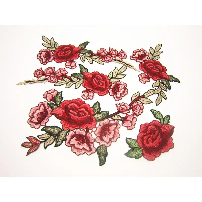 Fabric Flower Embroidered Neckline Red Rose Blossom Applique Embroidery Patch