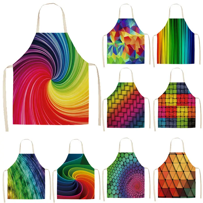 1Pcs Rainbow Colorful Geometric Kitchen Apron for Women Cotton Linen Bib Household Cleaning Pinafore Cooking Apron 53*65cm Q0001