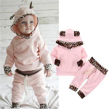 

0-24M Baby Girls Clothes Set Long Sleeve Hoodies Sweatshirt Girls Tops Set Pink Leopard Patchwork Long Pants Set Girls Outfits