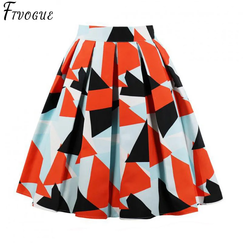 Летняя женская винтажная Пышная юбка больших размеров, Геометрическая треугольная Лоскутная юбка-солнце с завышенной талией на молнии, плиссированная юбка