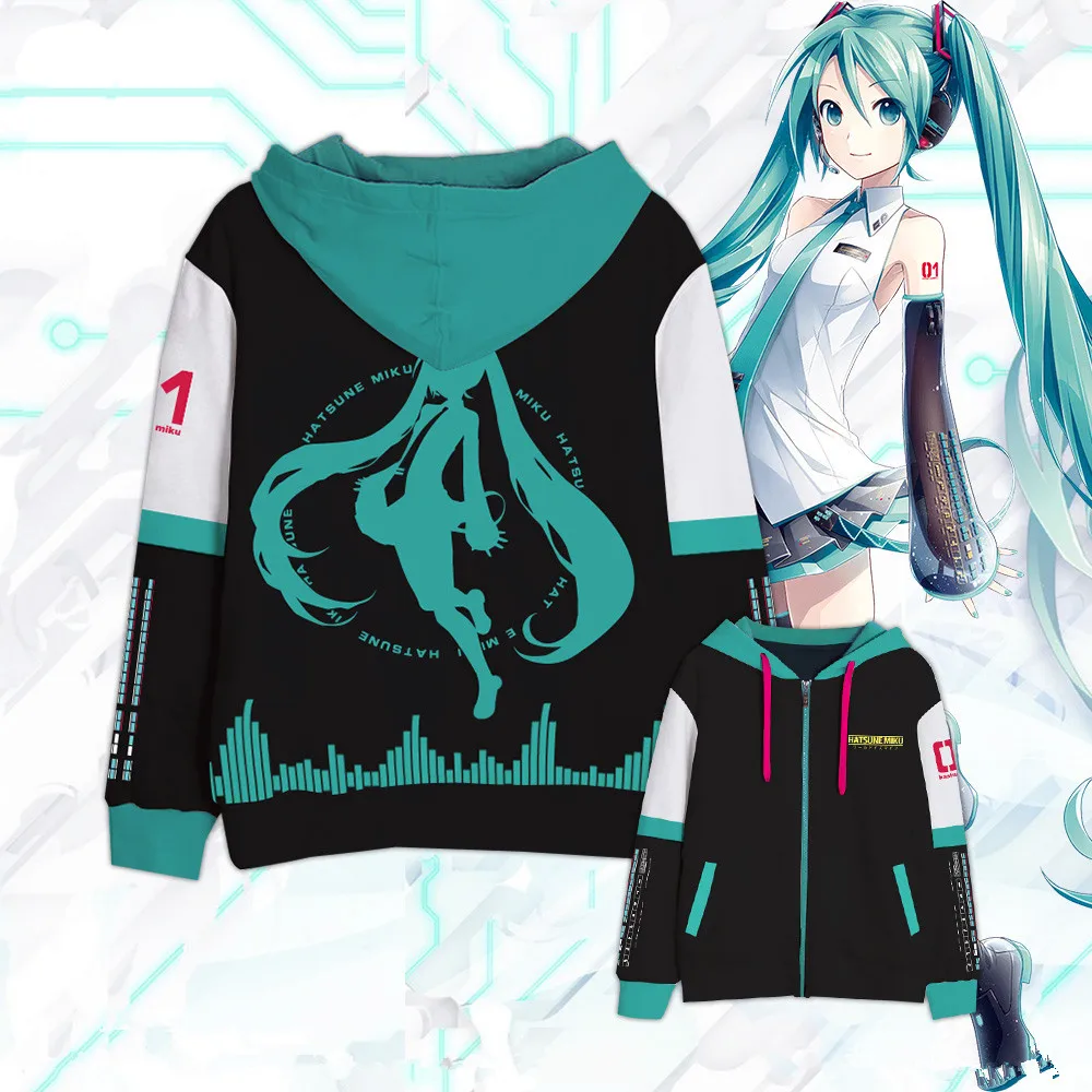 

Vocaloid Hatsune Miku Cosplay Costume Black Fleeces Zipper Jacket Hoodie Sweatershirt Coat For Women Men M-XXL