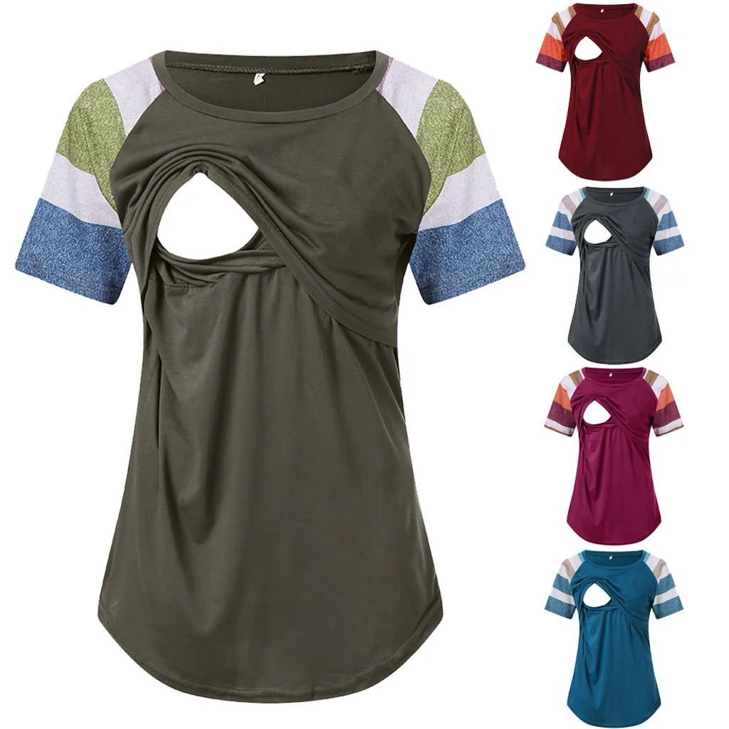 

Maternity Womens Nursing Stripe Short Sleeve Round Neck Breastfeeding Blouse for breast feeding shirts pregnant women#JN3