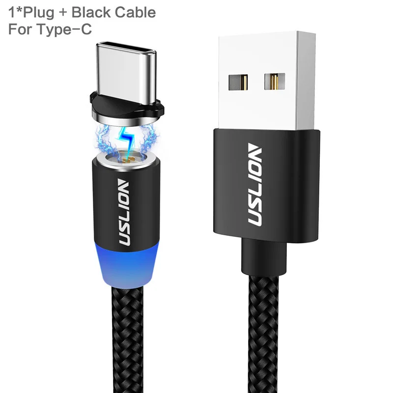 USLION 1 м 3 А магнитный usb-кабель для быстрой зарядки с разъемом типа C светодиодный магнитный кабель для Iphone XS 7 XR samsung - Цвет: Black For Type C