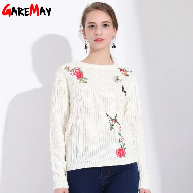 

GAREMAY Fashion Autumn Slim Knitted Sweater Pullover Women Long Sleeve Tops Floral Embroidery Womens Jumpers Knitwear Pull Femme