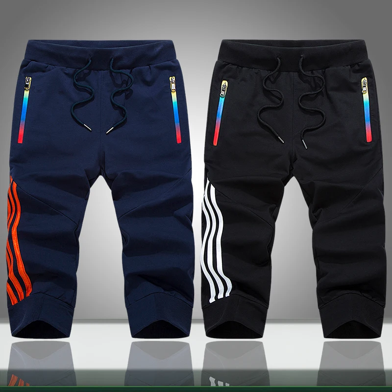 

Mens Casual Shorts Summer Solid Striped Zipper Pockets Jogger Short Sweatpants Male Sportswear Bodybuilding Boardshorts Slim Fit